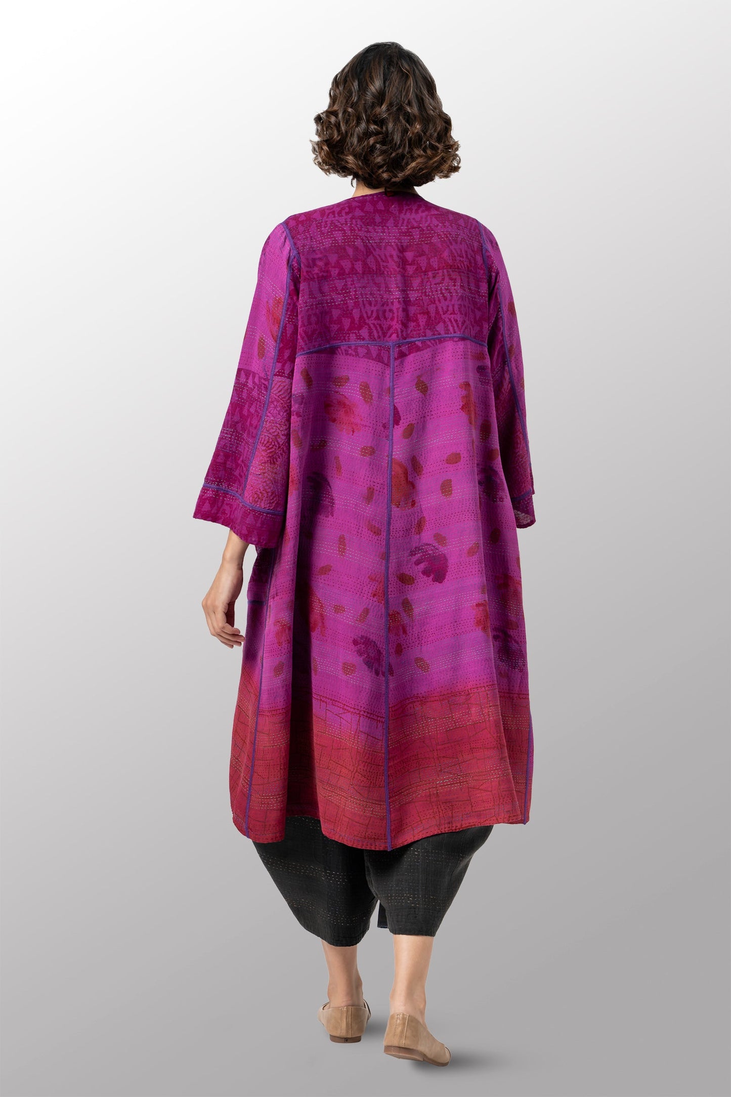 VINTAGE SILK GEORGETTE COTTON KANTHA WRAP FLARE COAT - gc2330-0002a -