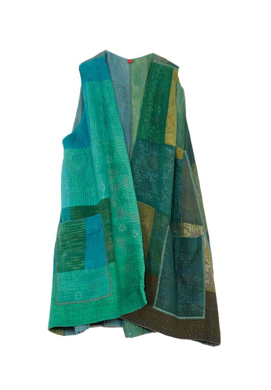 OMBRE PATCHED KANTHA BELL SHAPE LONG VEST - op4225-grn -