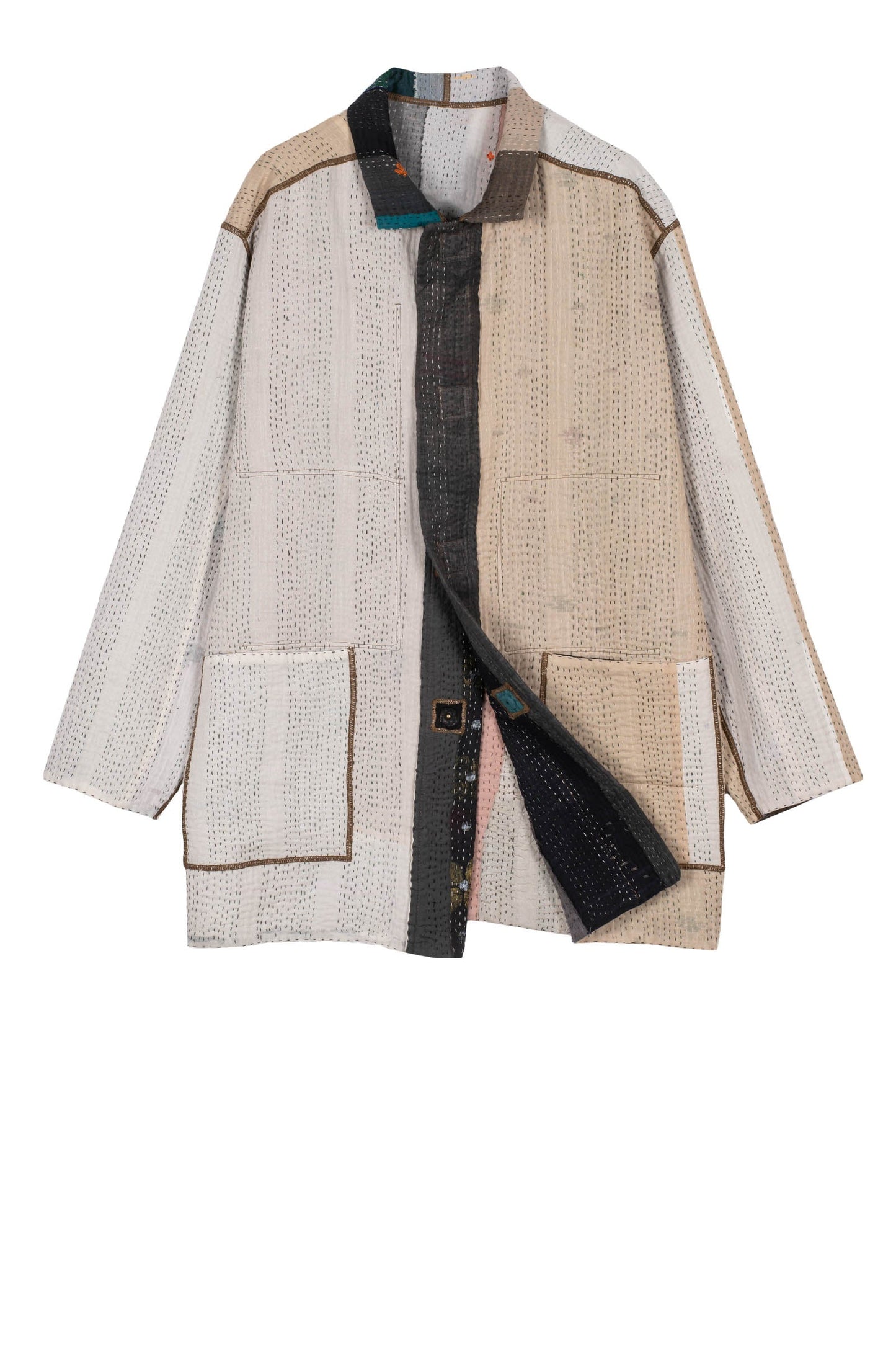 COTTON STRIPE PATCH KANTHA MEN'S JACKET - cs4041-grn -