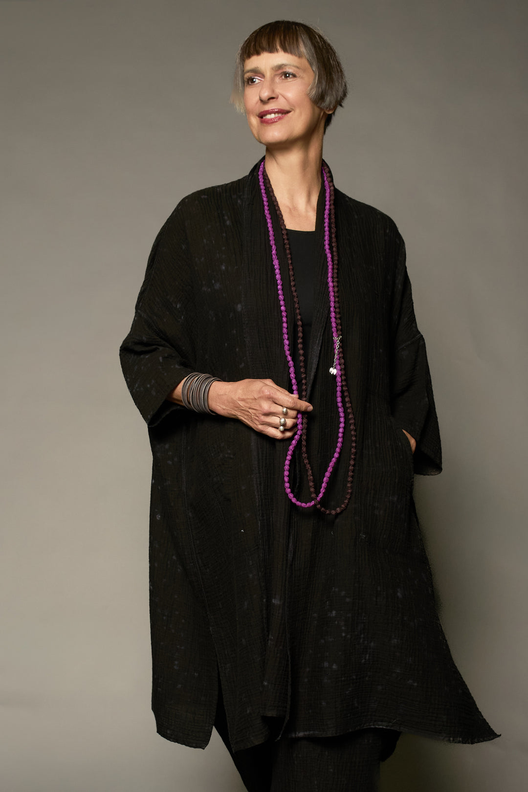 SAND SUN DYE RIPPLE KANTHA KIMONO WRAP LONG COAT - rs2357-blk -