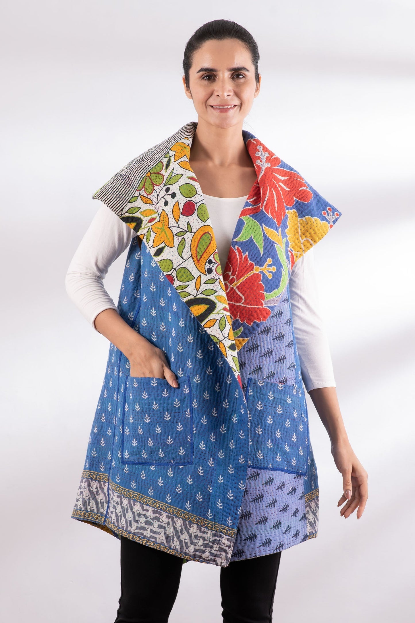 VINTAGE COTTON KANTHA CIRCULAR VEST - cv4201-0042a -