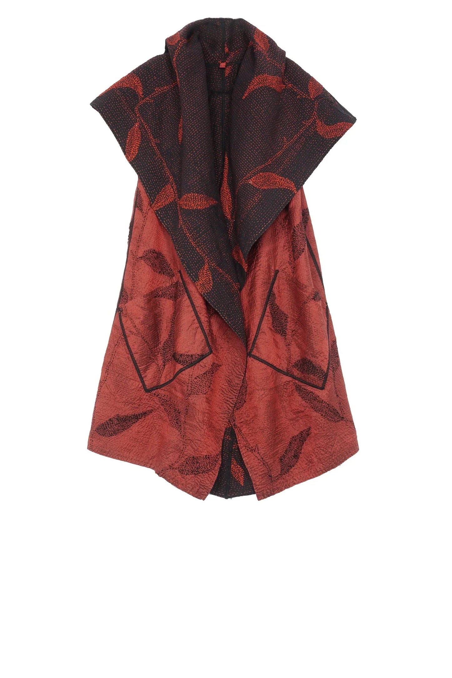 NIGHT BAMBOO SILK COTTON KANTHA CIRCULAR VEST - nb2201-red -