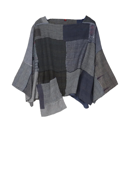 FRAYED PATCH KANTHA 3/4 SLV. CROP TOP - fi2528-gry -