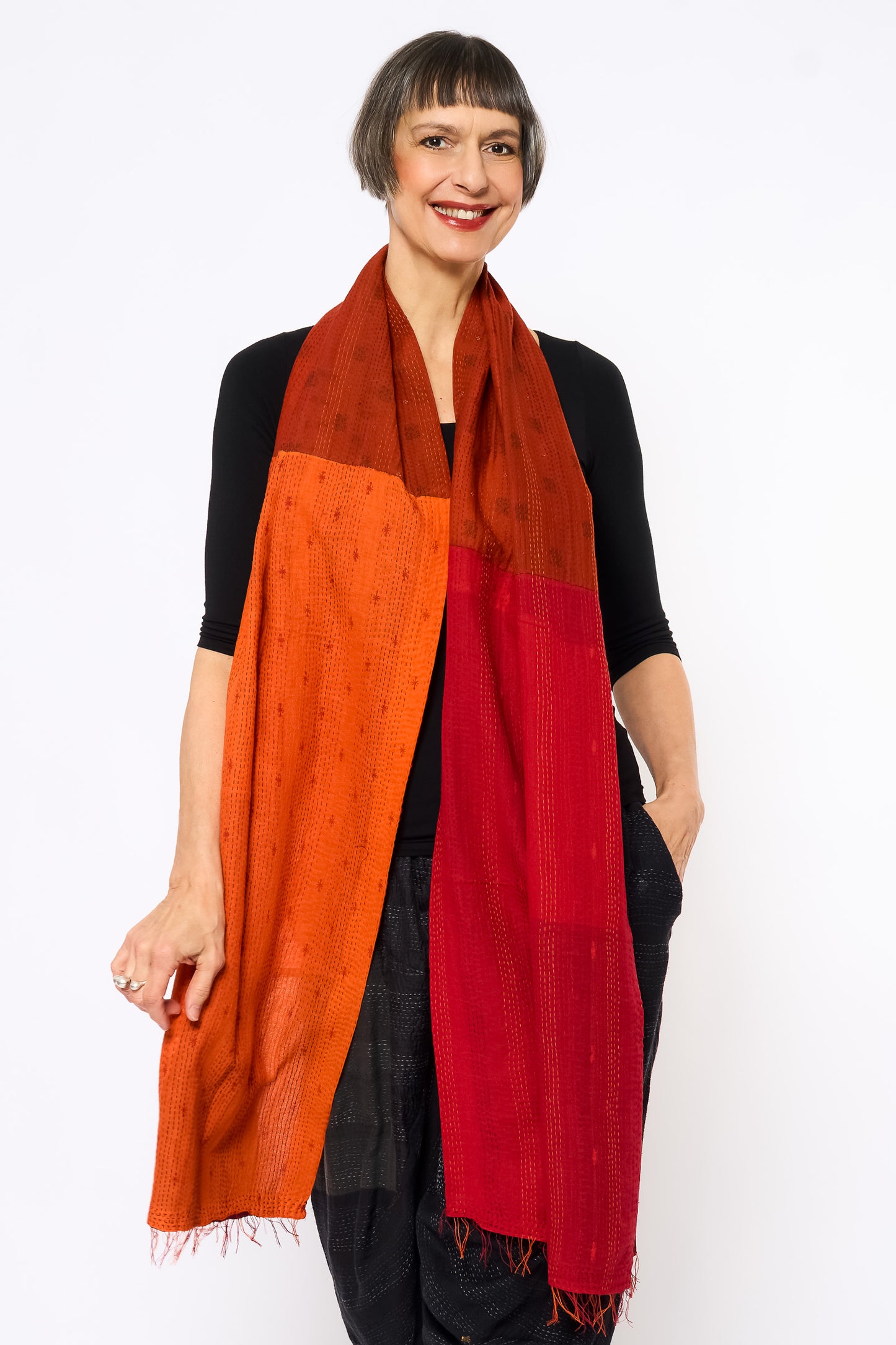 COTTON SILK SW PATCH OMBRE KANTHA SCARF STANDARD - wo2801-org -