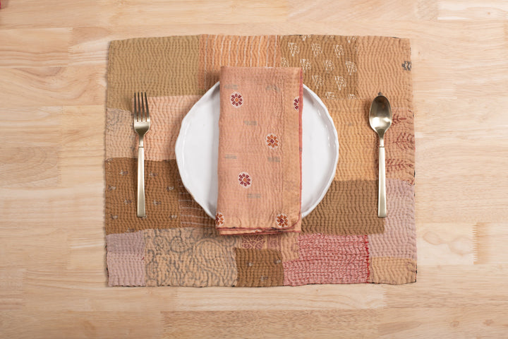 Mosaic Fray  Vintage Kantha Placemat -Mushroom -(Set of 2)