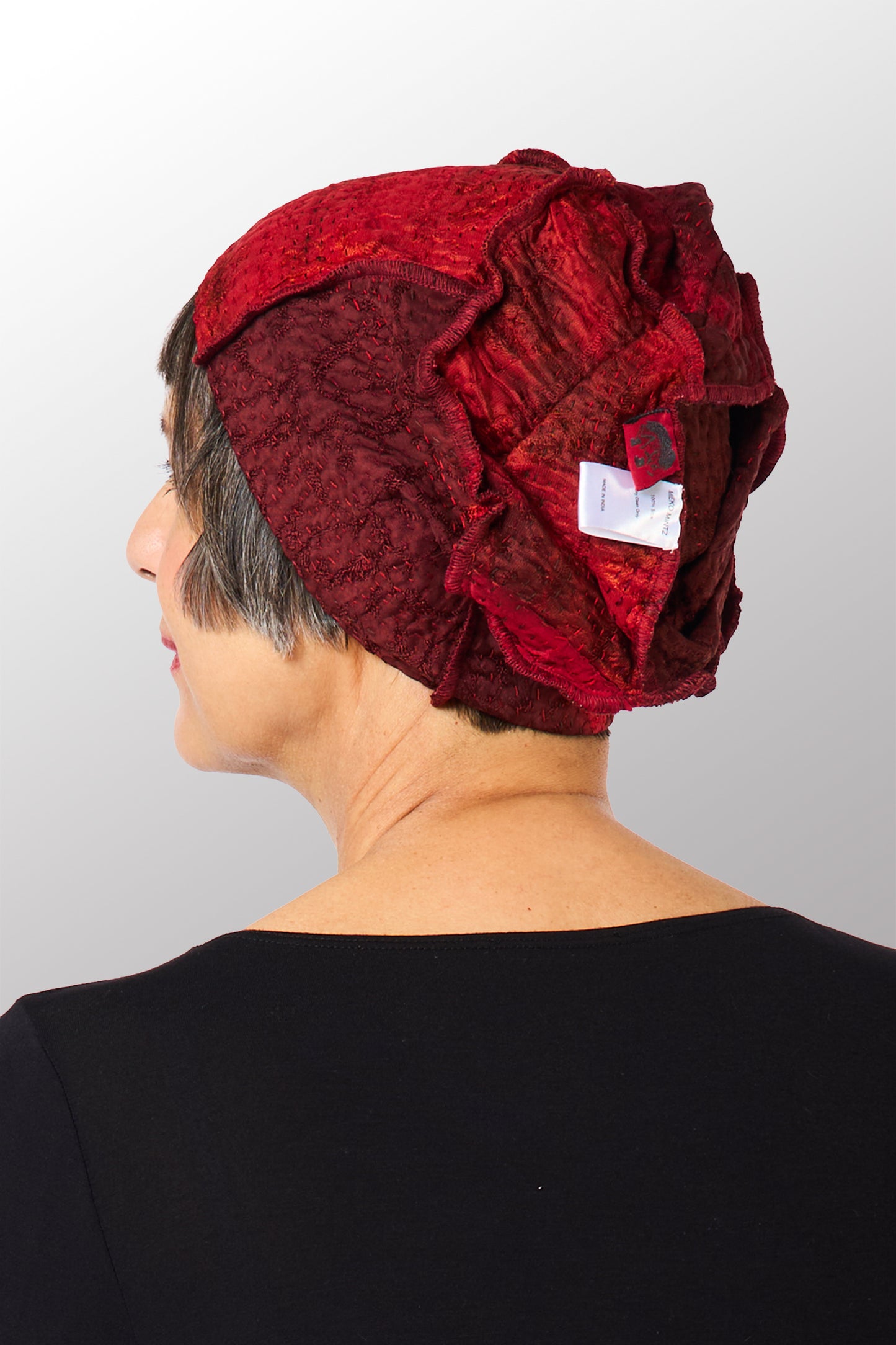 GEORGETTE JACQUARD VINTAGE SILK PATCH KANTHA PATCHWORK HAT - gj4880-red -