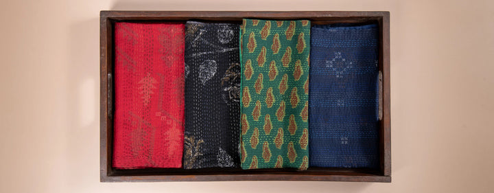 Landscape Fray patch vintage Kantha Napkin - Black (Set of 2)