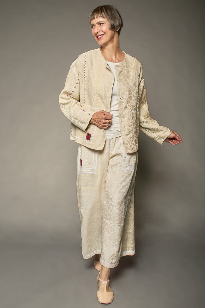 JEWEL WOVEN WITH VERTICAL PATCH KANTHA CREW NECK SHORT JACKET - jv4053-ivy -