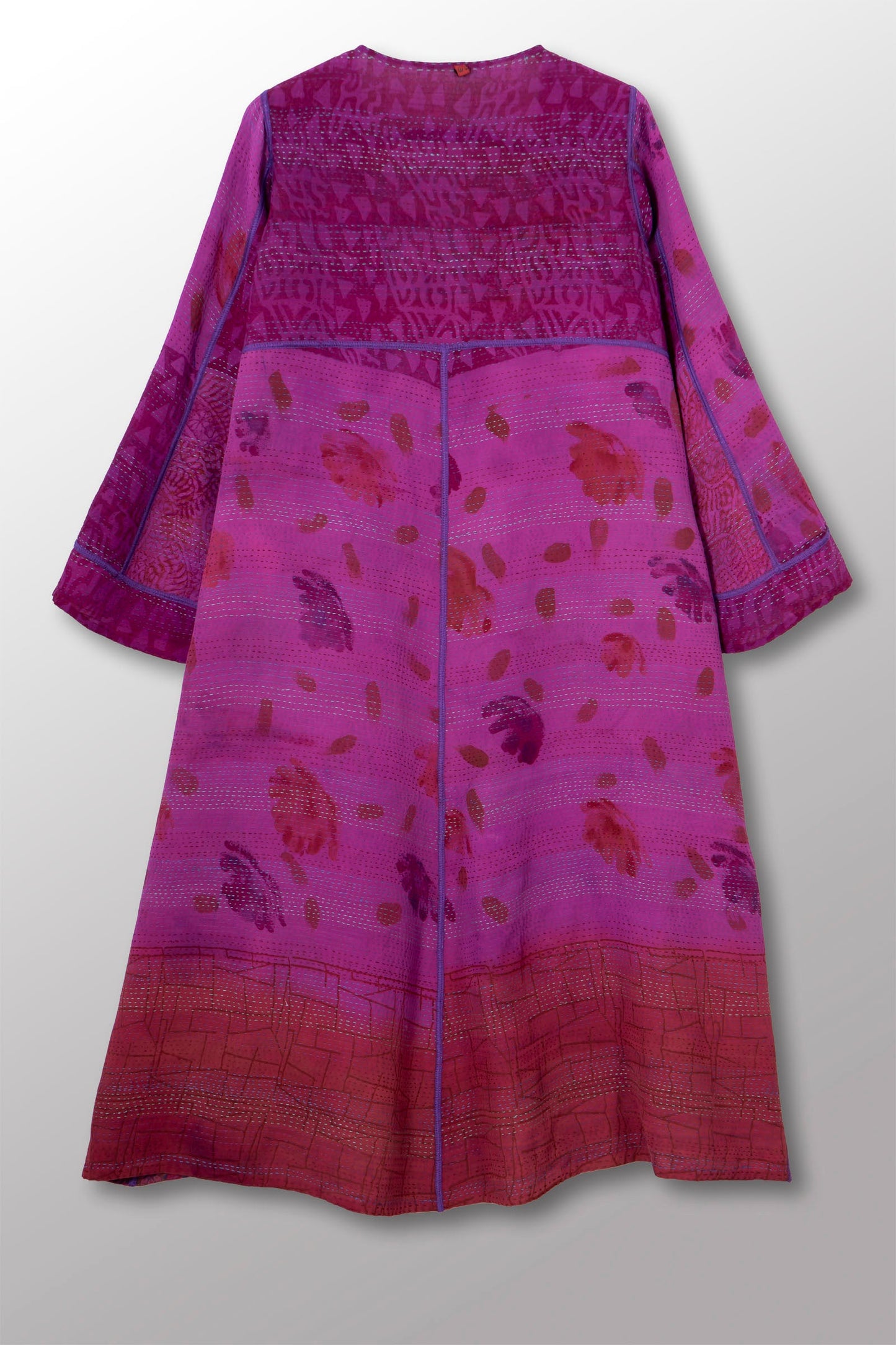 VINTAGE SILK GEORGETTE COTTON KANTHA WRAP FLARE COAT - gc2330-0002a -