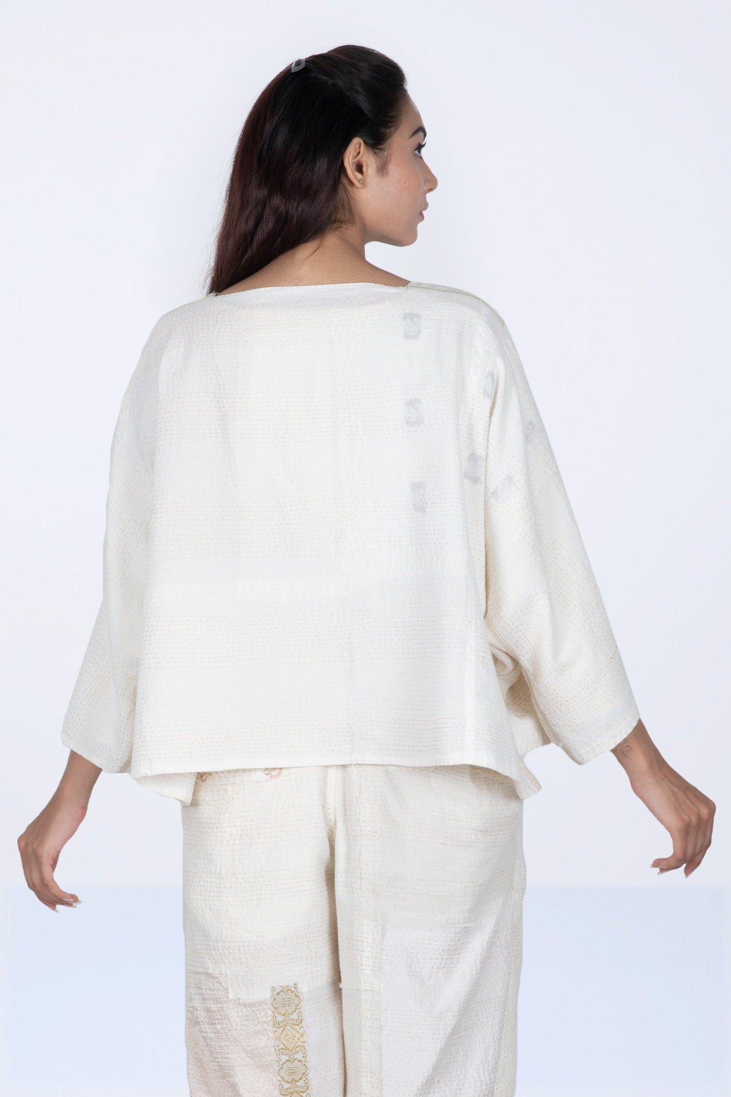 FRAYED PATCH KANTHA 3/4 SLV. CROP TOP - fi2528-ivy -