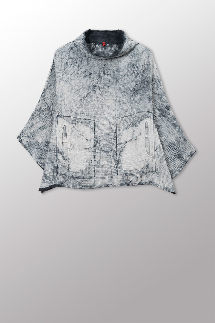 MUD DYE RIPPLE KANTHA FUNNEL NECK POCKET TOP - yp2t104-gry -