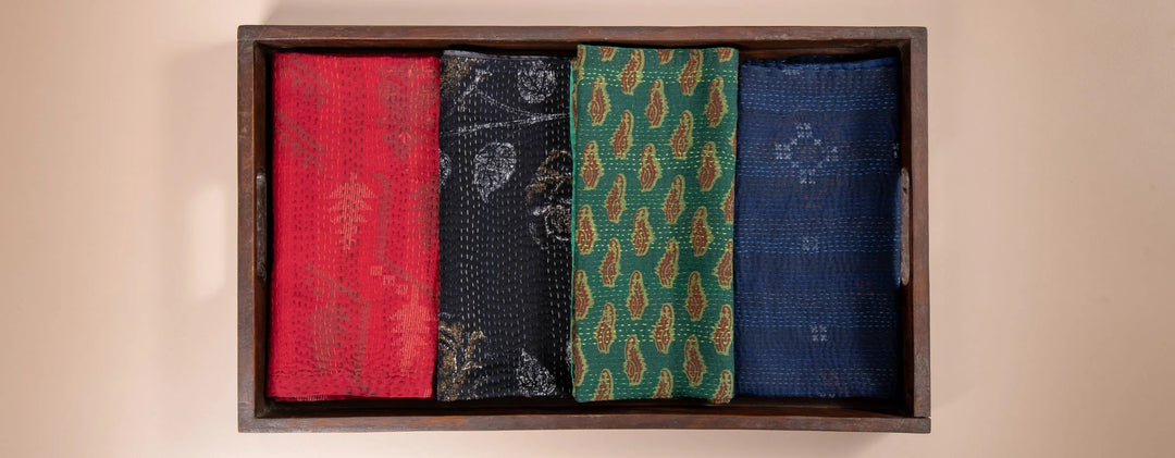 Landscape Fray Patch vintage Kantha Napkin - Navy (Set of 2)