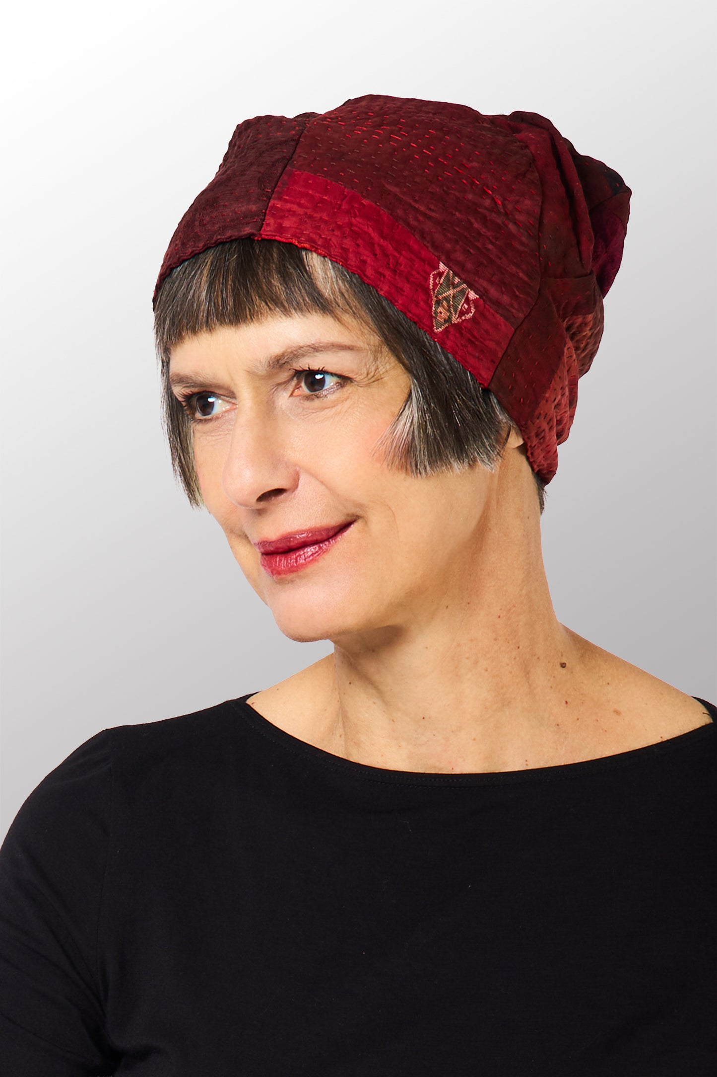 GEORGETTE JACQUARD VINTAGE SILK PATCH KANTHA PATCHWORK HAT - gj4880-red -