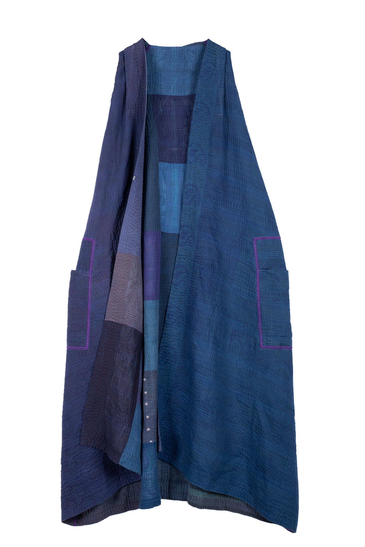 OMBRE PATCHED KANTHA BACK PLEATED VEST MAXI - op4222-blu -