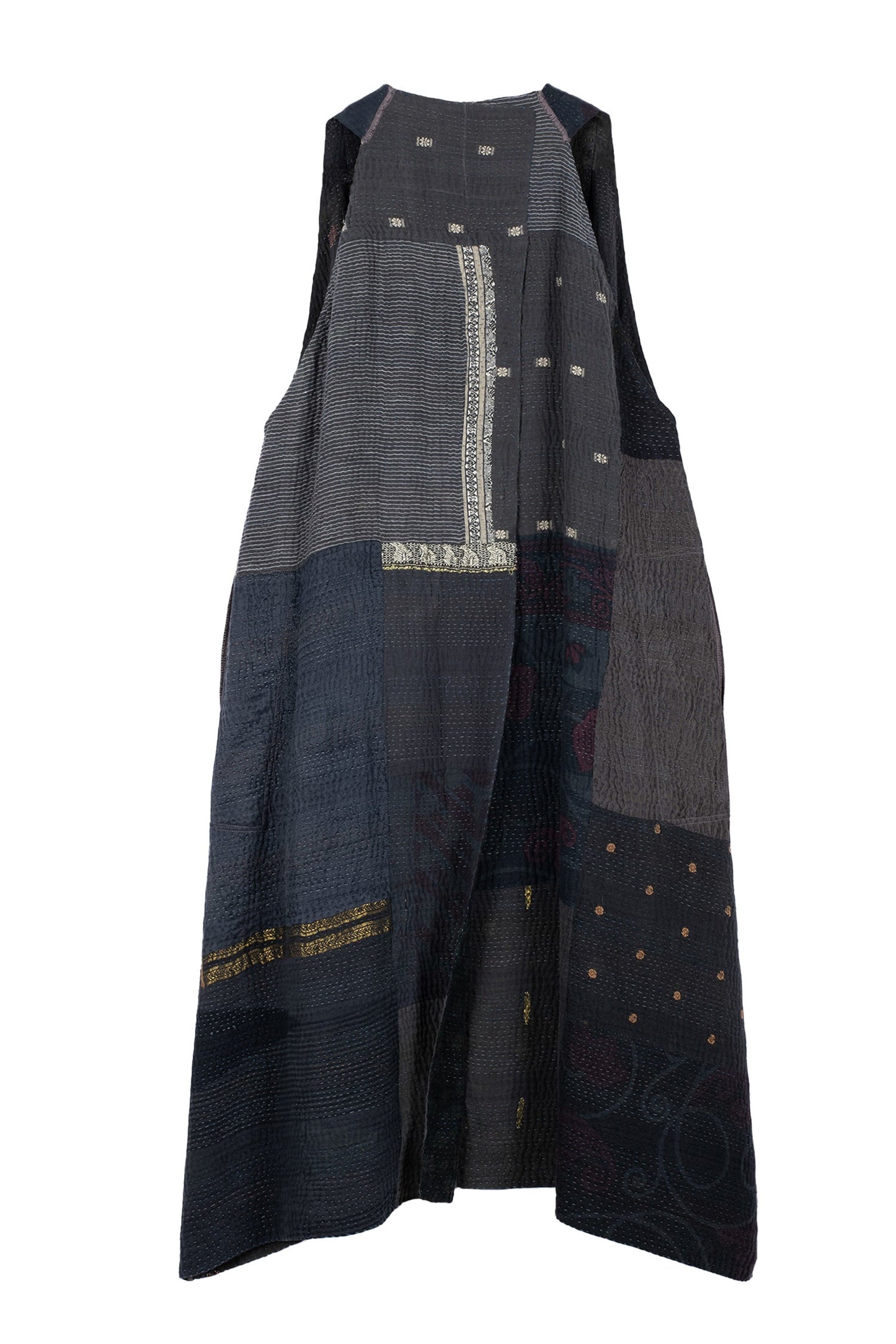 COTTON SILK SW PATCH KANTHA BACK PLEATED VEST MAXI - ws4222-blk -