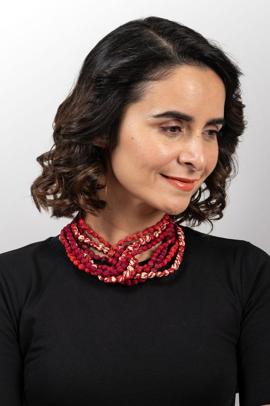 VINTAGE SILK KANTHA SEED NECKLACE SHORT - sv2722-red -
