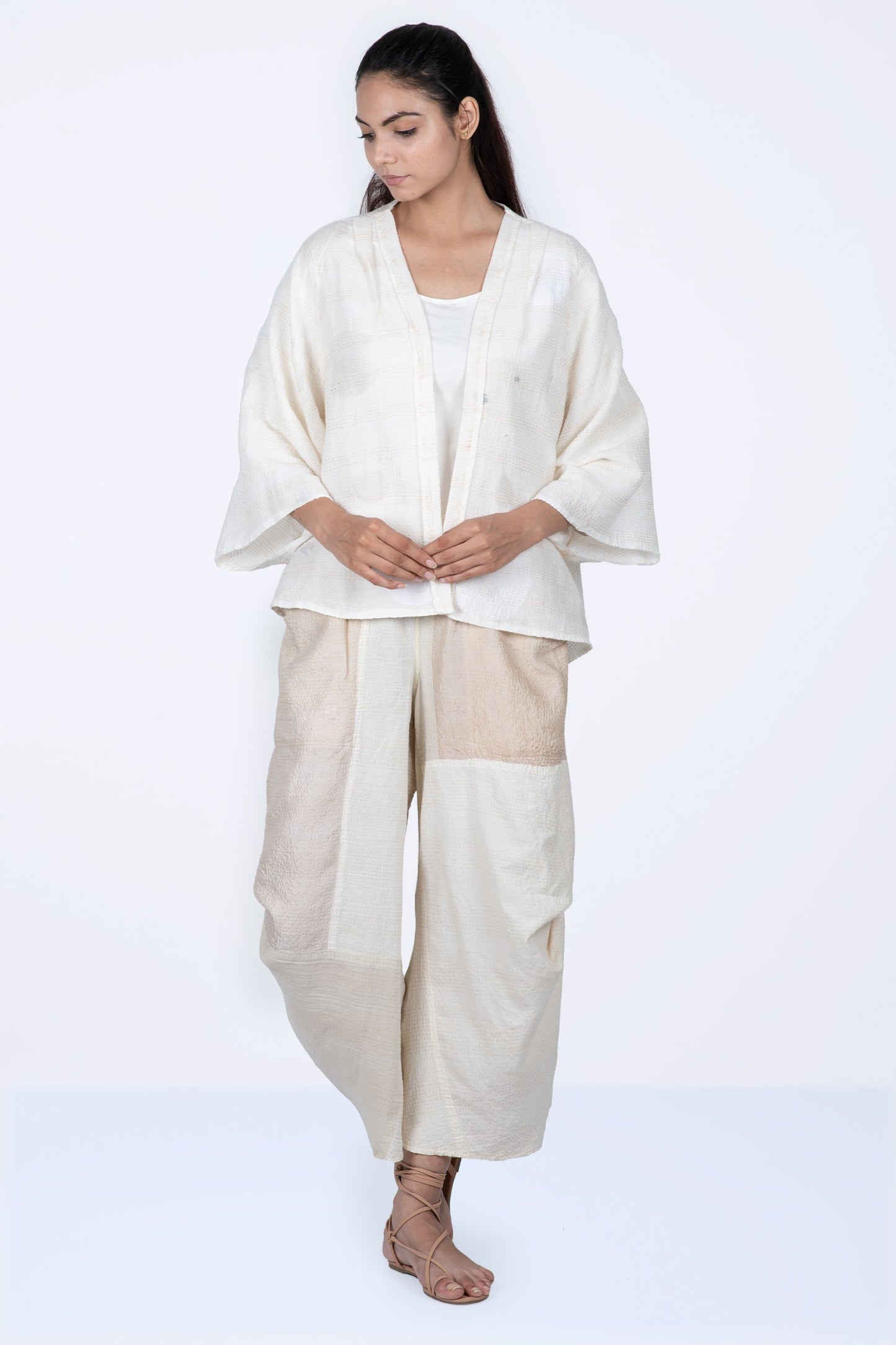 CUT THROUGH DOT AND HOLES KANTHA BELL SHAPE JKT - cd2048-ivy -