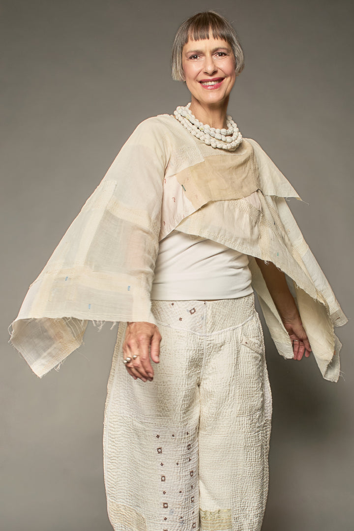 MOSAIC TILE PATCH KANTHA DOUBLE SCARF MINI PONCHO - mt1j114-ivy -