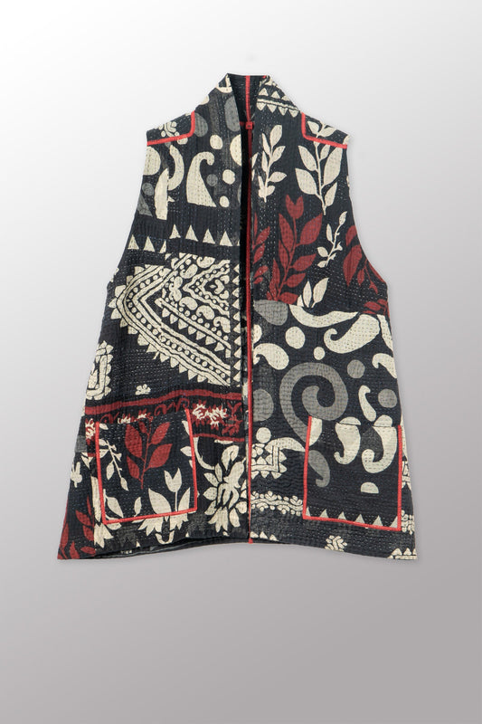 BLACK AND WHITE PRINT PATCH KANTHA KIMONO VEST SHORT - pn4248-red -
