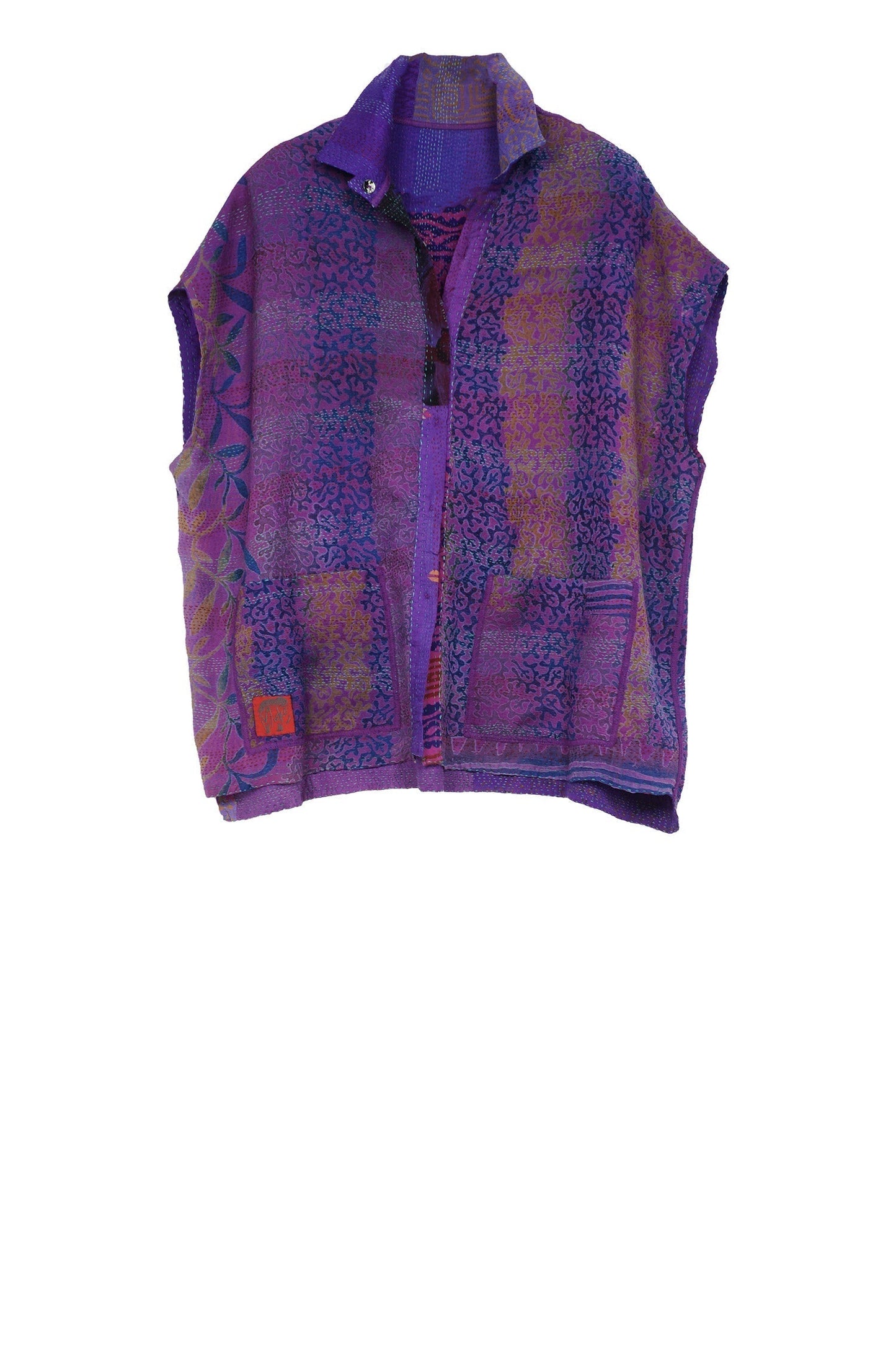 GEORGETTE VINTAGE SILK PATCH KANTHA CAP SLV. SHIRT - gs2530-prp -