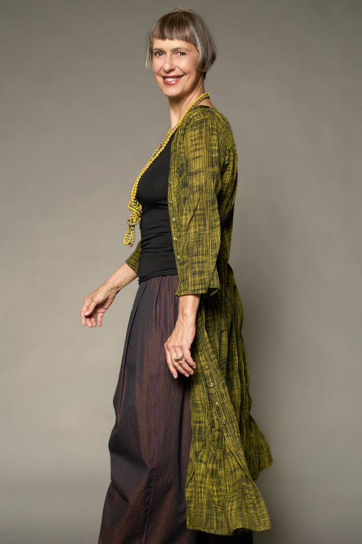 WOVEN TWO TONE COTTON WAVY TUCK TUCK CROPPED SLV. DRESS - wt1434-ylw -