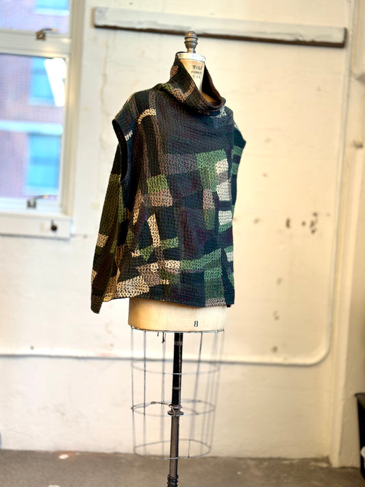 ABSTRACT WAFFLE KANTHA FUNNEL NECK VEST - bw3250-grn -