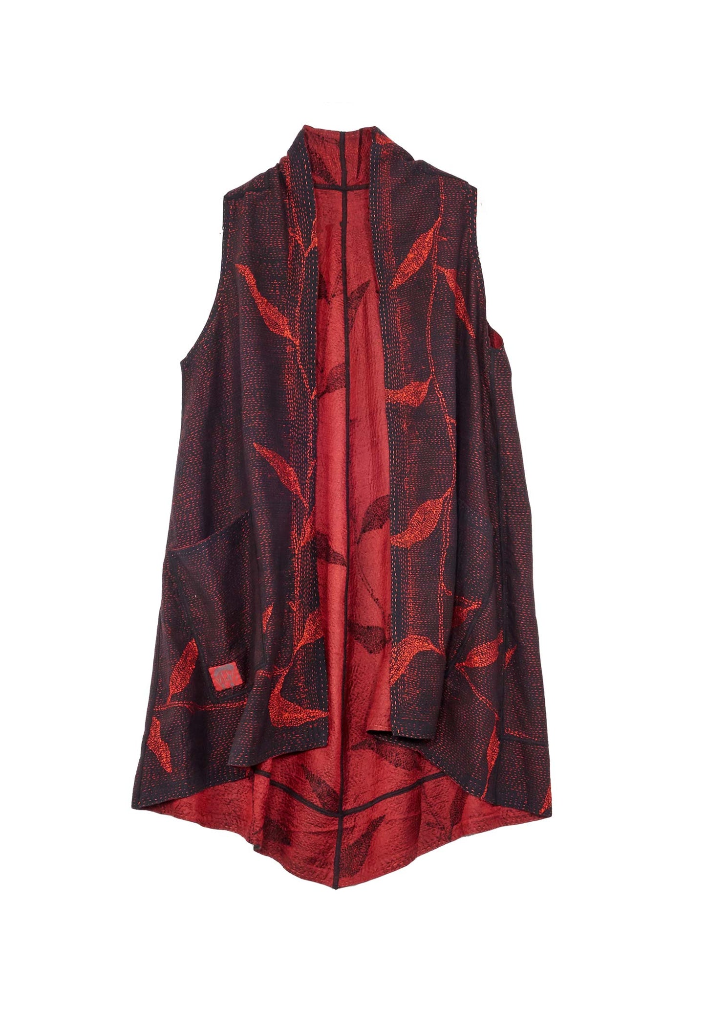 NIGHT BAMBOO SILK COTTON KANTHA A-LINE VEST - nb2203-red -