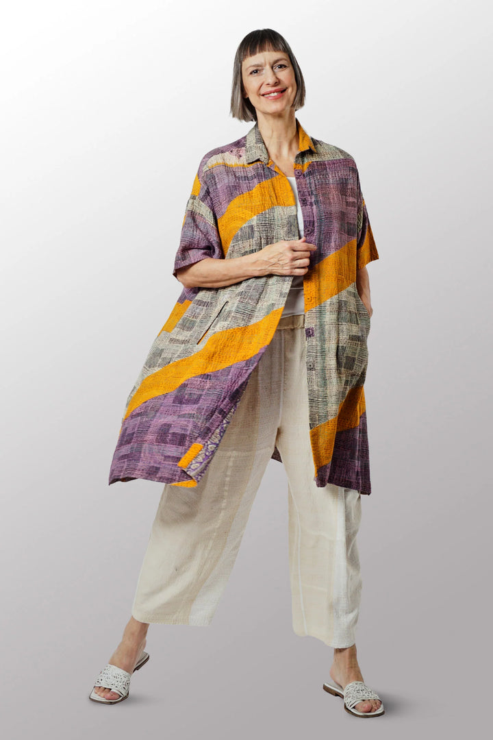 ROBE-CHEMISE MI-LONGUE VINTAGE EN COTON KANTHA - mc2429-0018a -