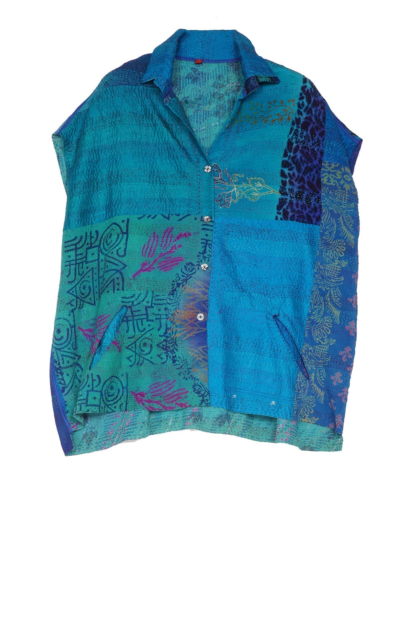 GEORGETTE VINTAGE SILK PATCH KANTHA CAP SLV. SHIRT - gs2530-blu -