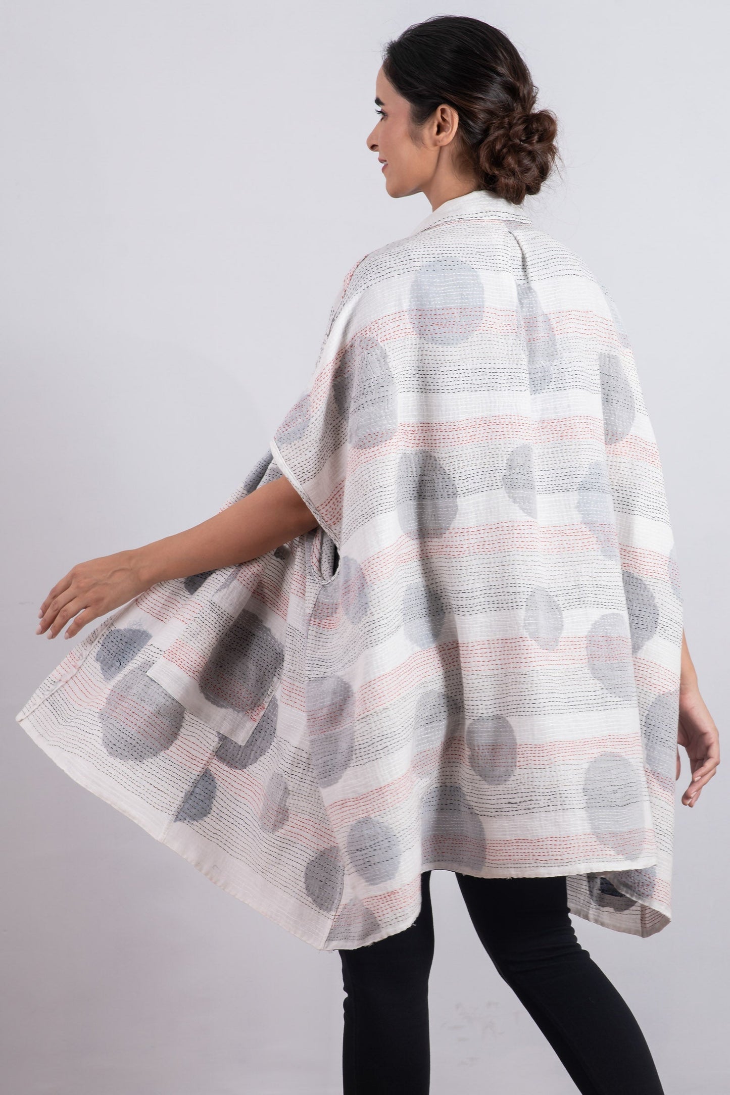 CUT OUT KANTHA SHIRT PONCHO - ck2545-wht -