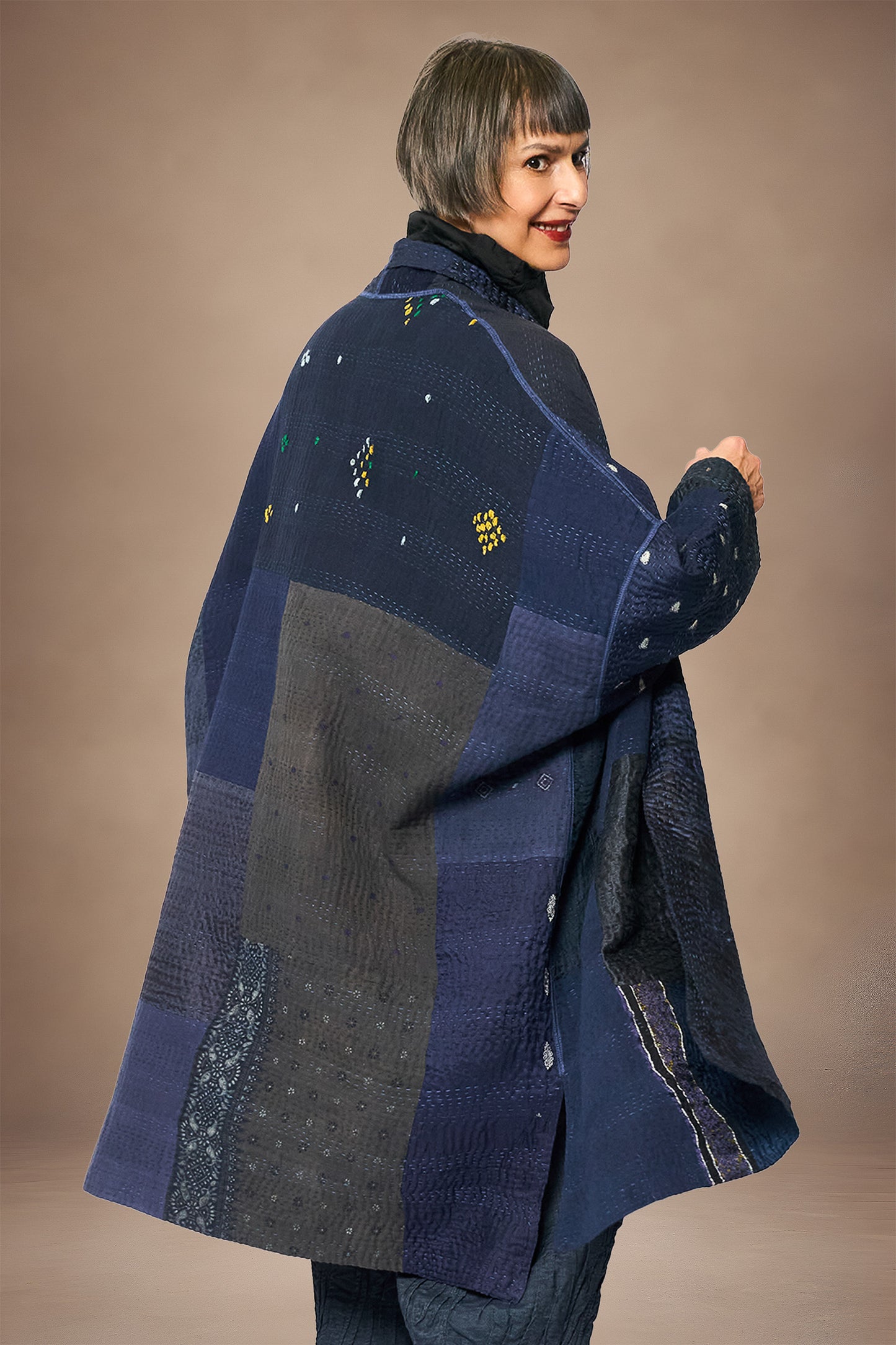 COTTON SILK SW PATCH KANTHA NEW KIMONO WRAP LONG - ws4360-gry -