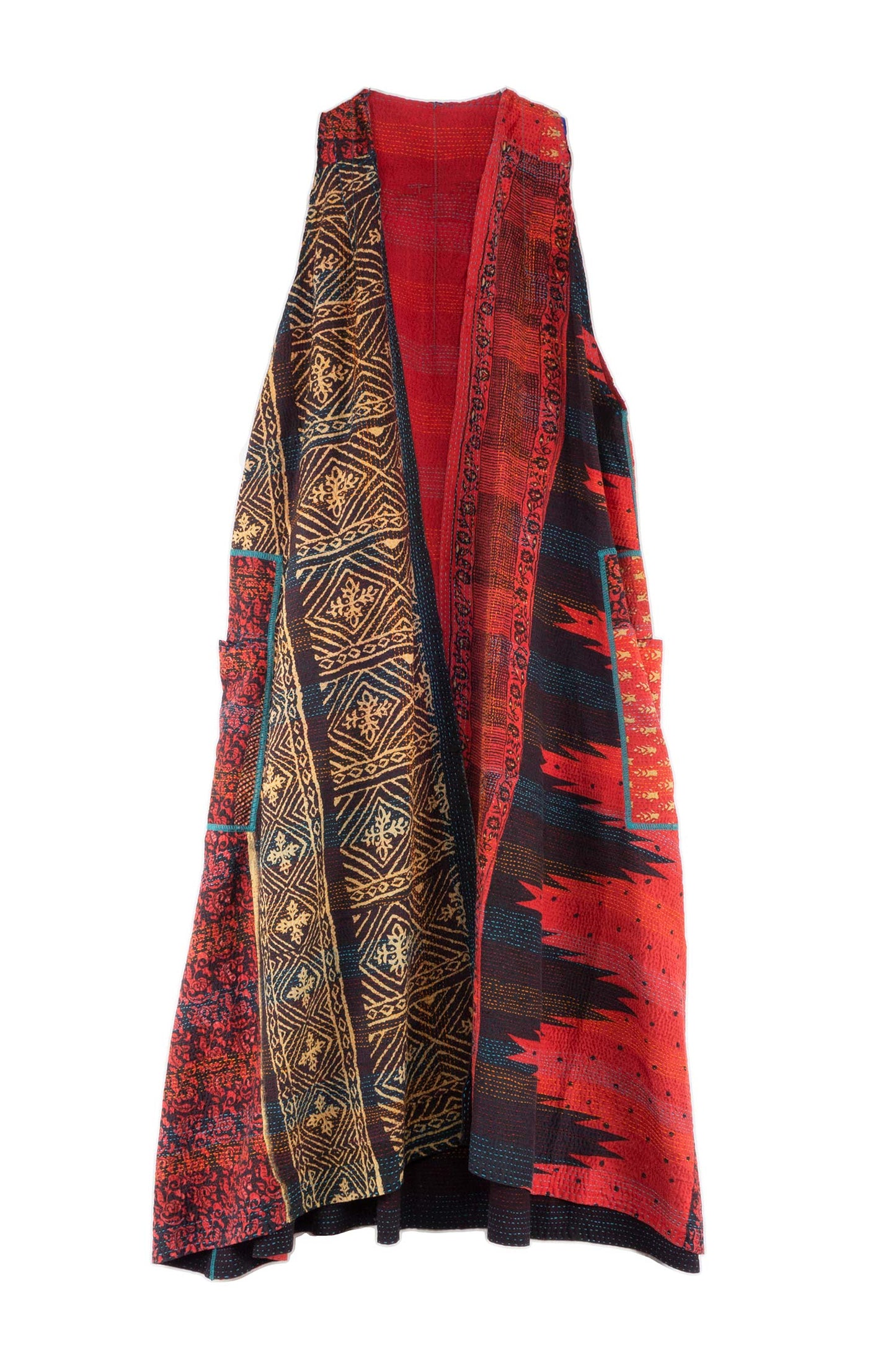 SILK COTTON OMBRE PRINT KANTHA BACK PLEATED VEST MAXI - os2222-red -