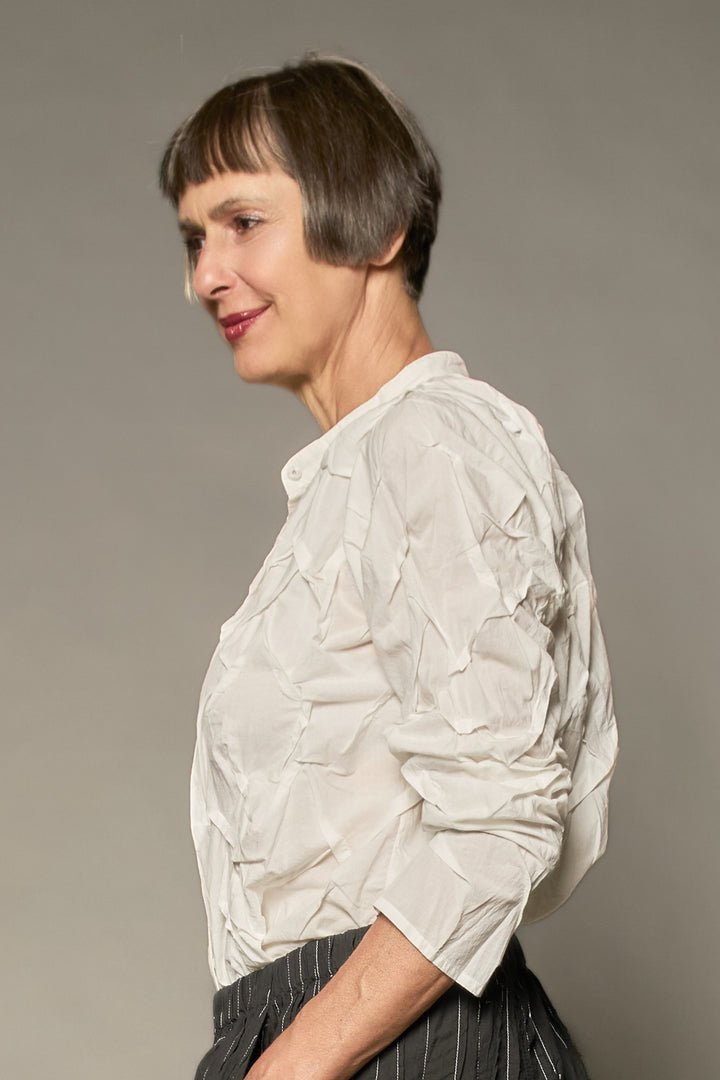 POLISHED COTTON WAVY CROPPED BAND COLLAR SHRT-NON DYED - wl1t109-wht -