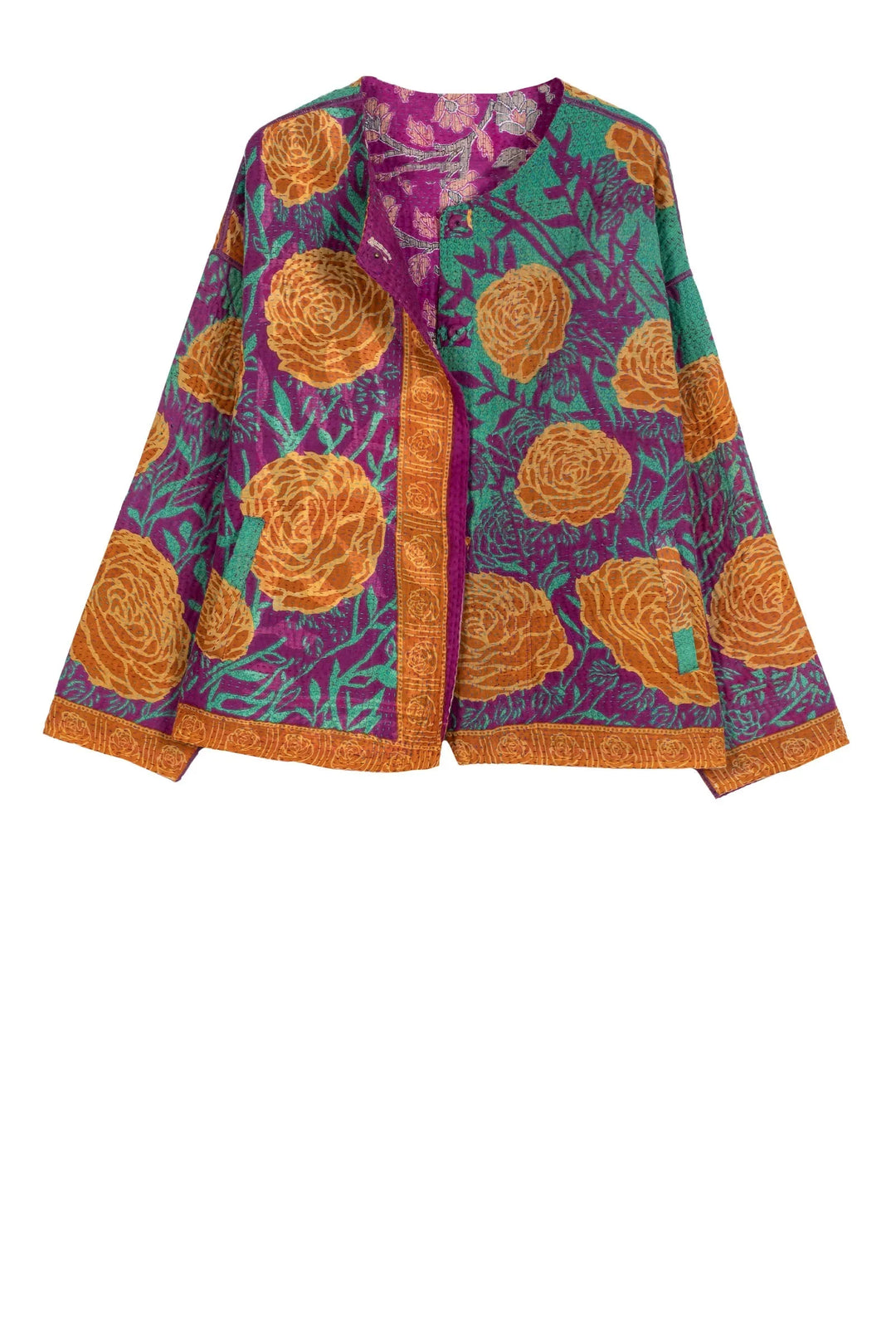 VESTE COURTE EN COTON KANTHA COL ROND VINTAGE - cv4053-0002a -