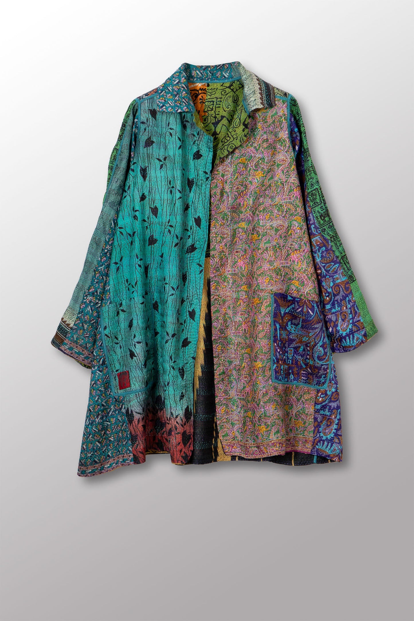 VINTAGE SILK KANTHA A-LINE DUSTER - sv2311-0011a -