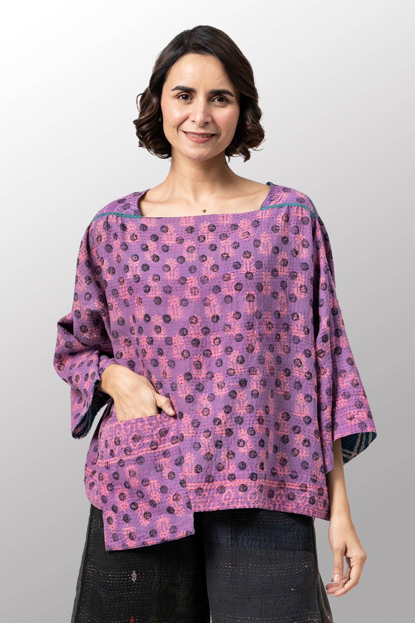 COTTON OVERDYE KANTHA 3/4 SLV. CROP TOP MIO - ov2538-cpik002a -