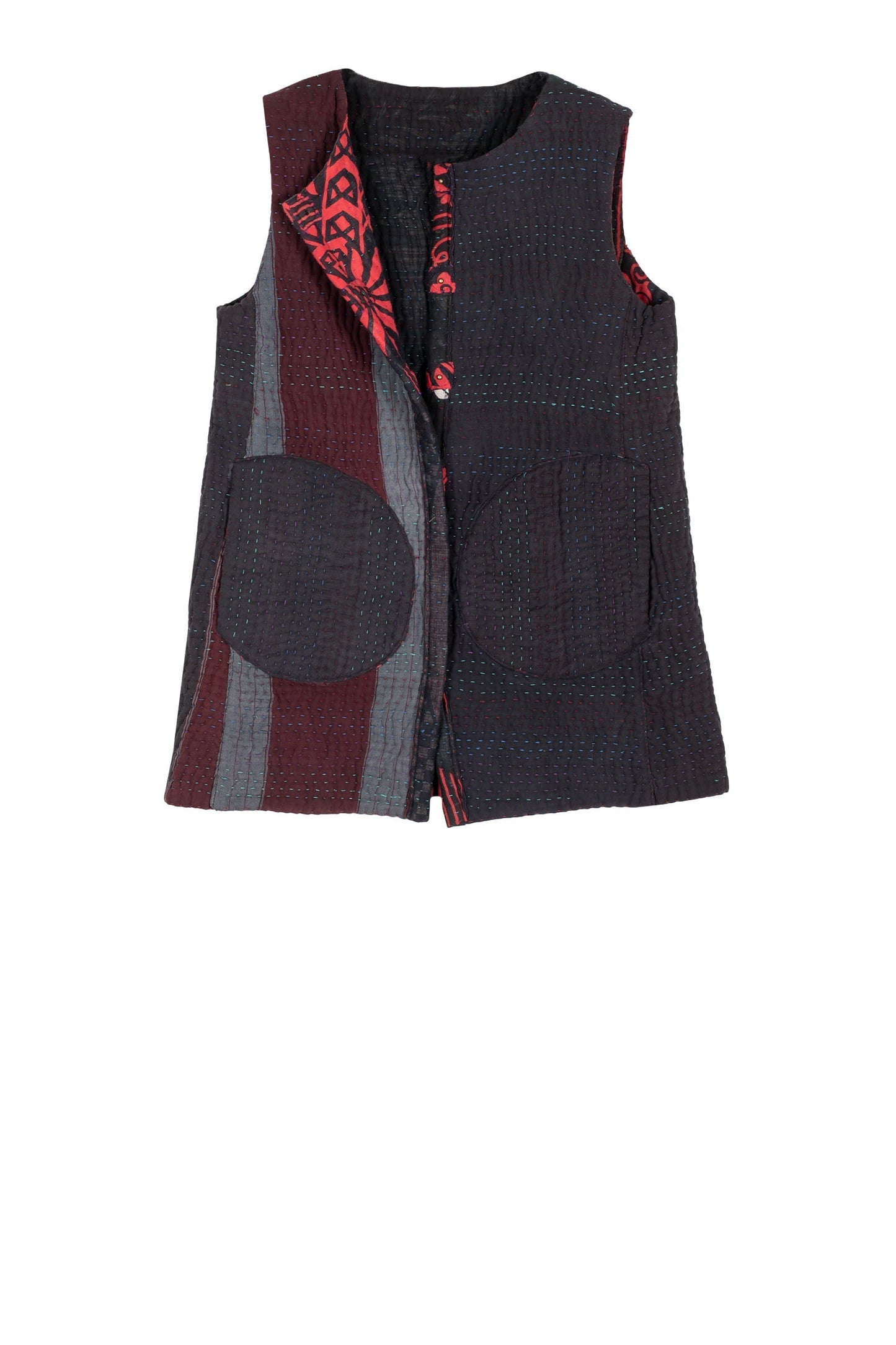 QUILTED VINTAGE COTTON KANTHA CREW NECK FITTED VEST MEDIUM - cq5233-0006m -