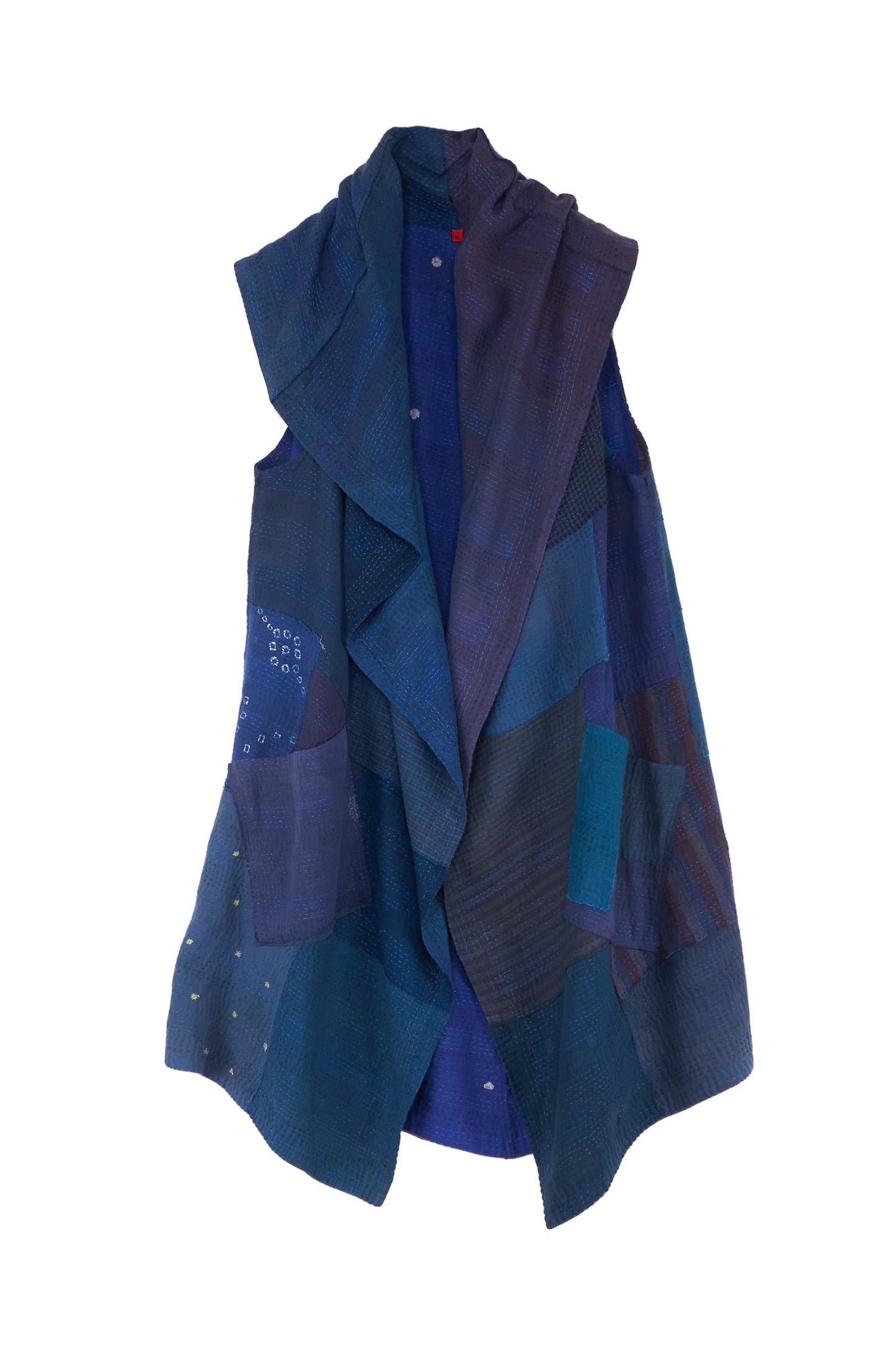 FRAYED PATCH KANTHA CIRCULAR VEST - fi2201-nvy -