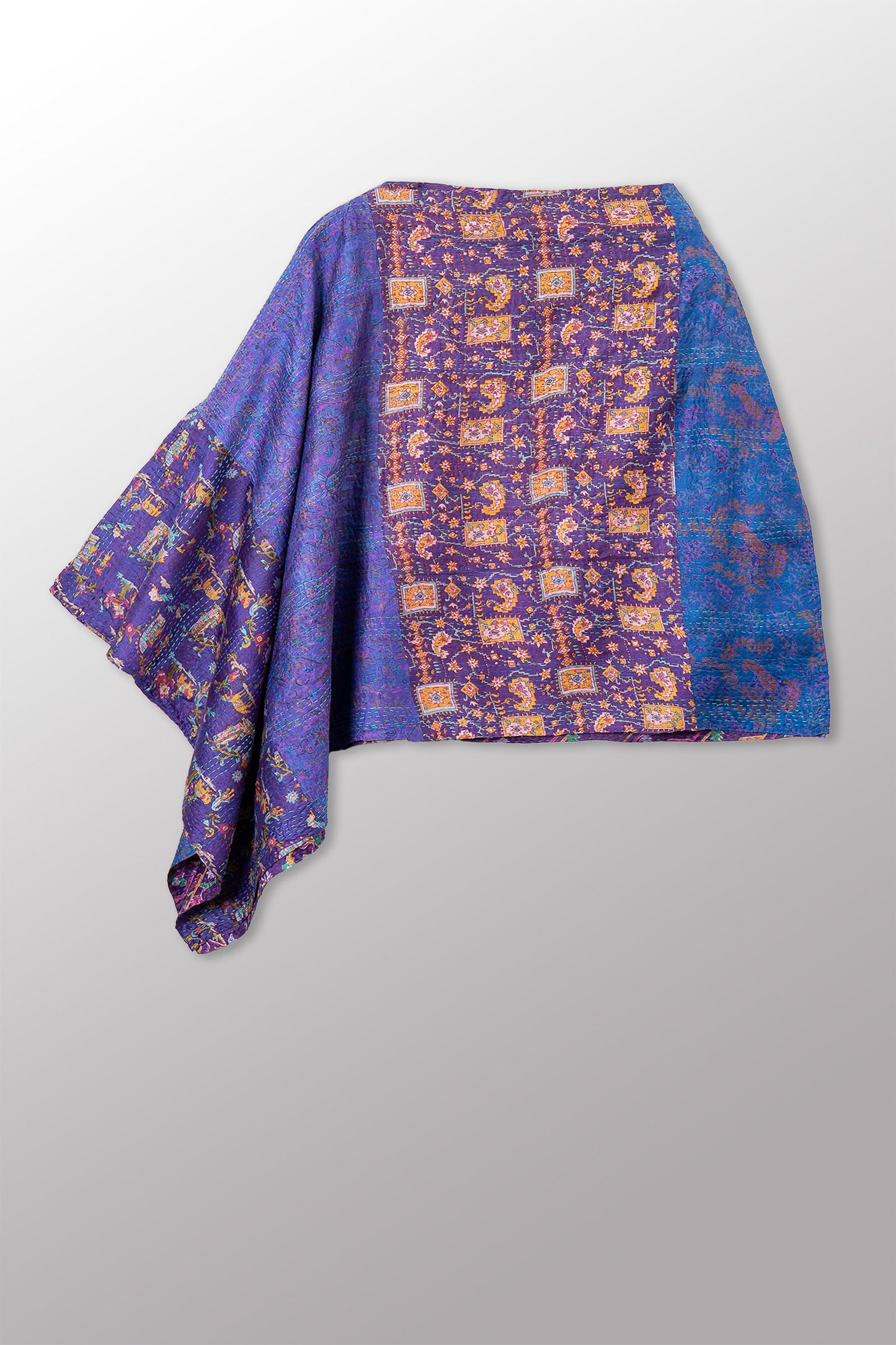 VINTAGE SILK KANTHA LONG CAPE - sv2841-0005a -