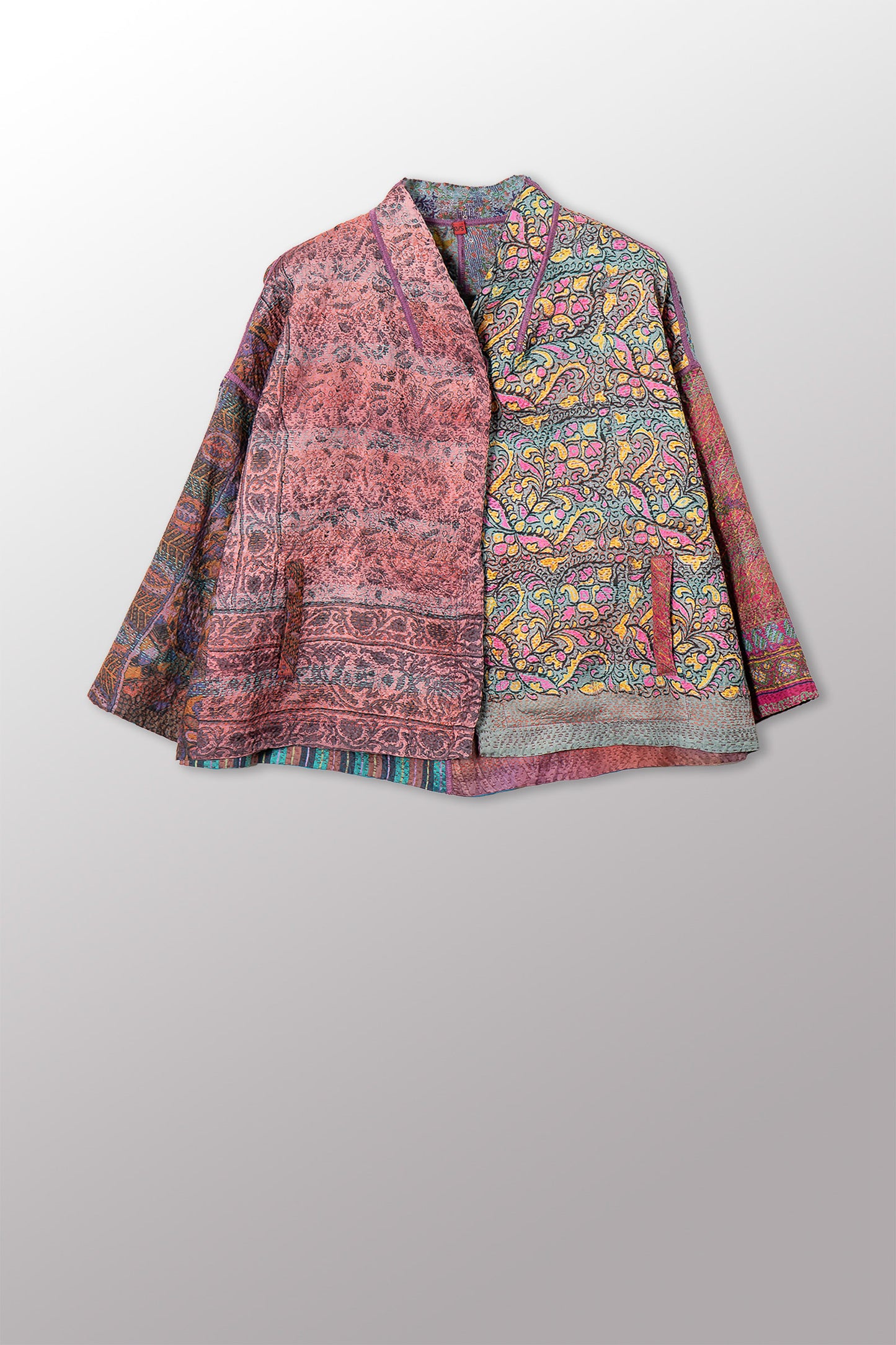 VINTAGE SILK KANTHA STAND COLLAR CROPPED JKT - sv2034-0017a -