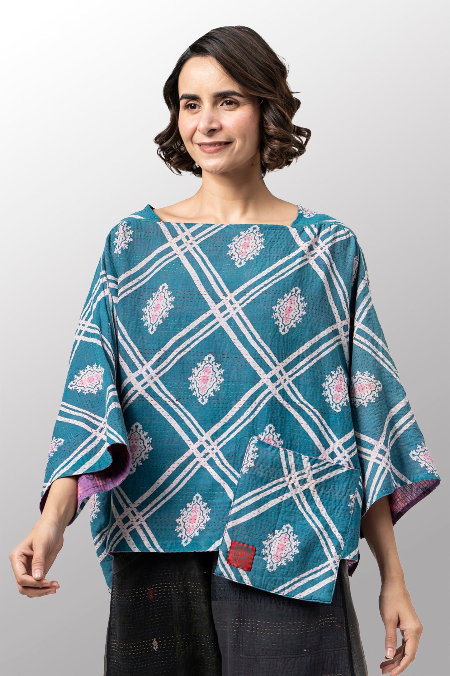 COTTON OVERDYE KANTHA 3/4 SLV. CROP TOP MIO - ov2538-cpik002a -