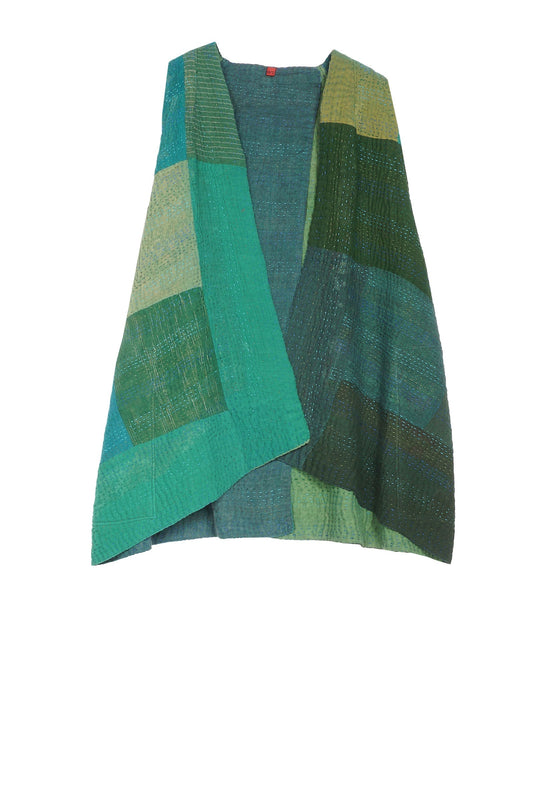 OMBRE PATCHED KANTHA BACK PLEATED VEST SHORT - op4223-grn -