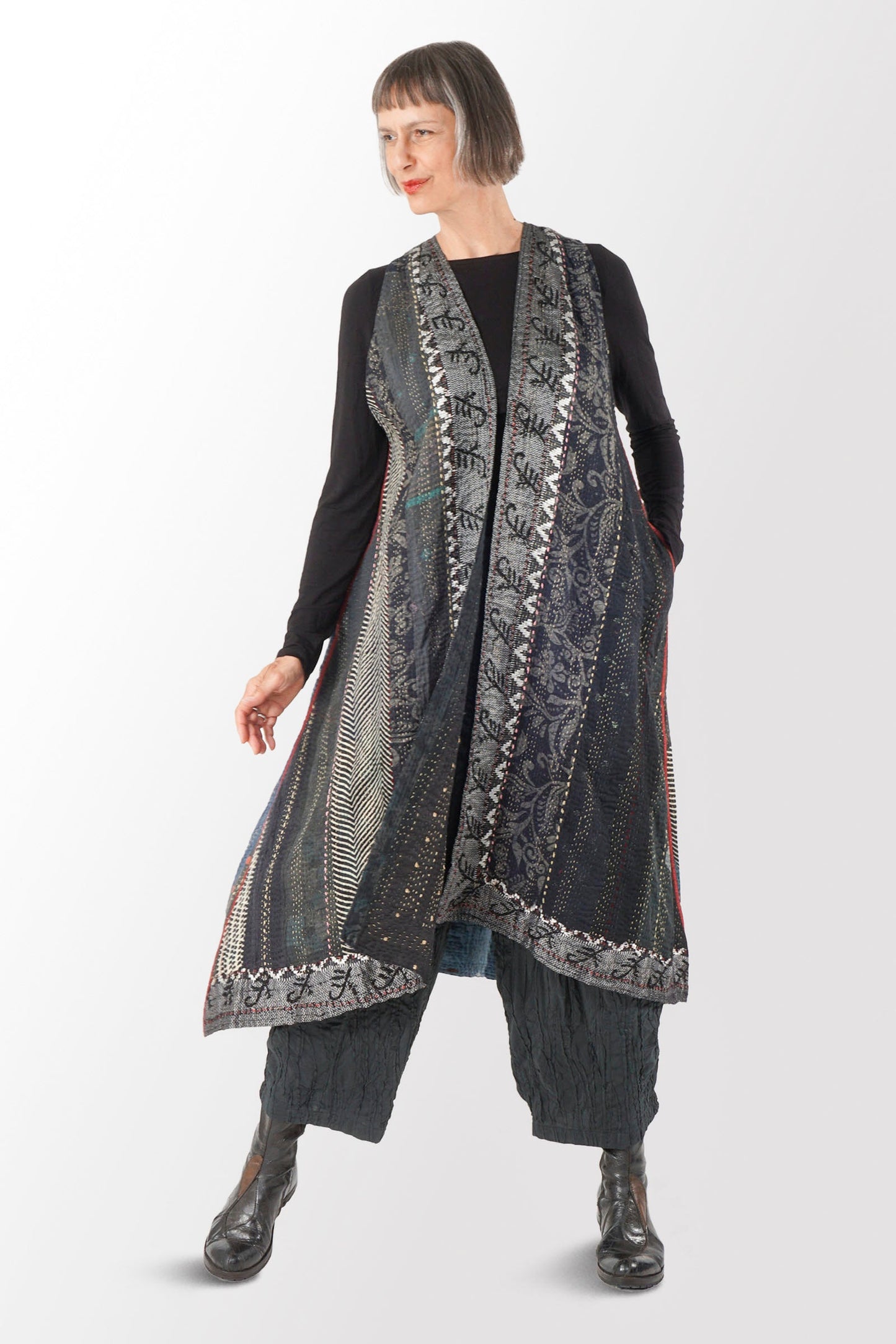 STRIPE RALLIS KANTHA BACK PLEATED VEST MAXI - pr4222-blk -