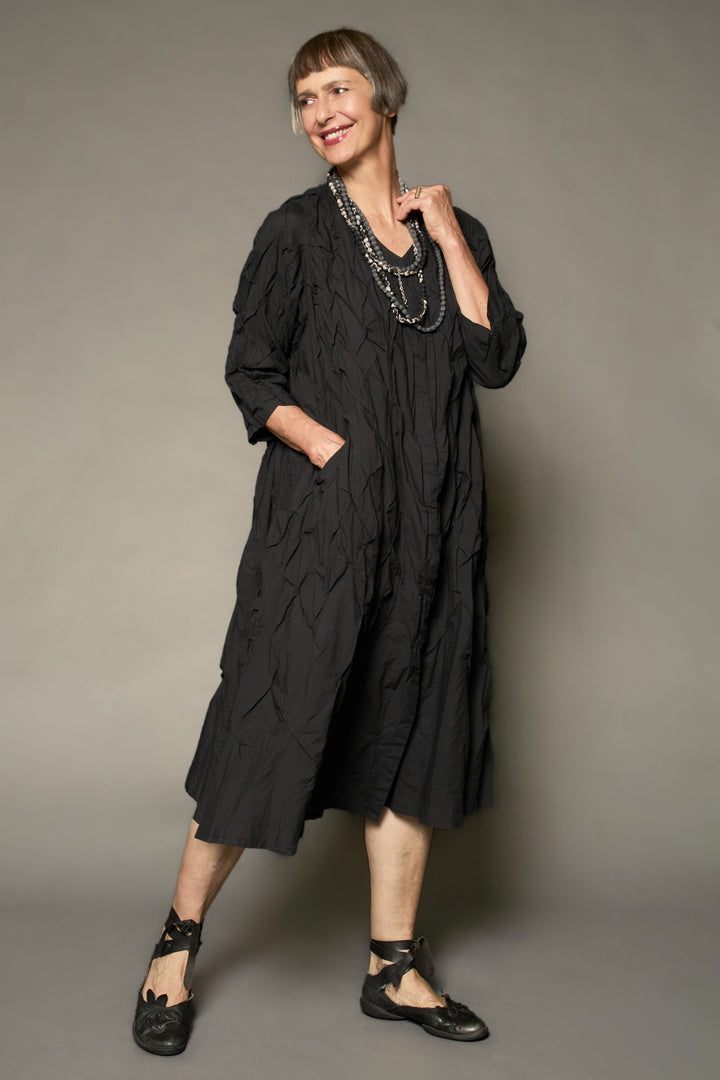 POLISHED COTTON WAVY TUCK A-LINE DRESS - wl1453-blk -