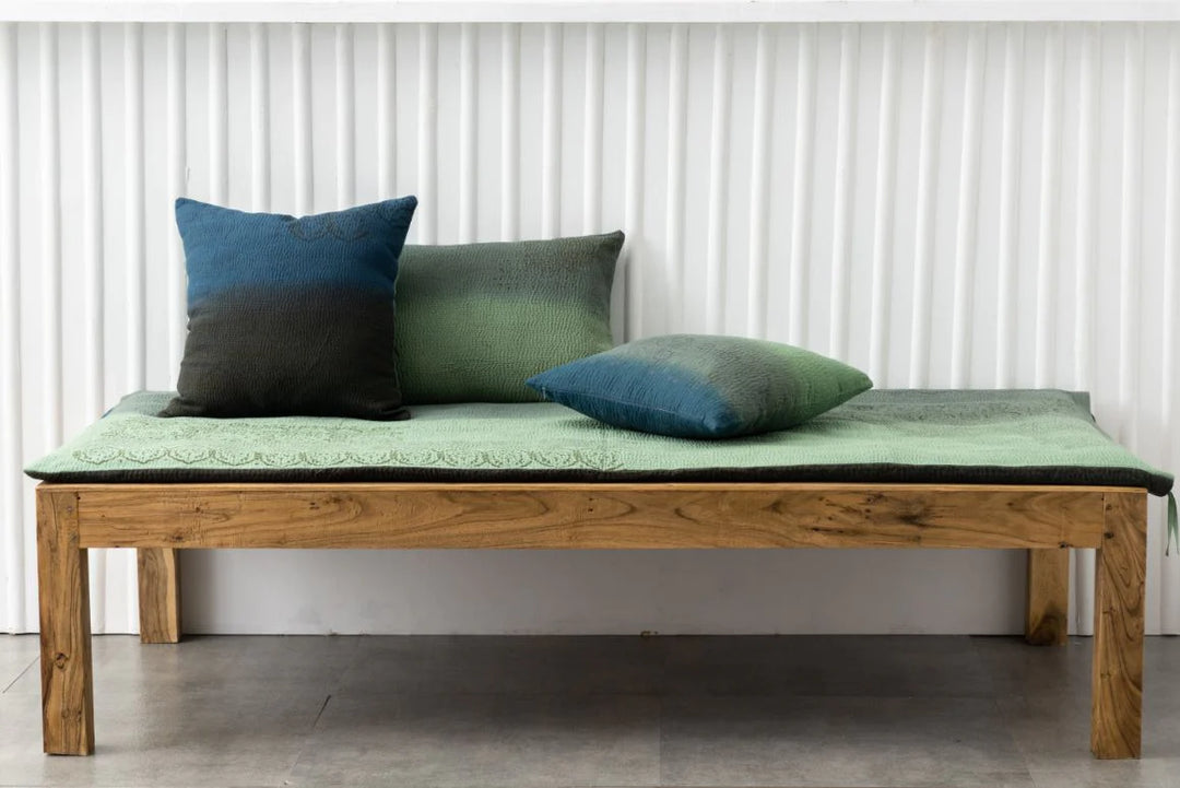 Vintage Fray Patch &amp; Ombre Kantha Day Bed Mattress Cover - Avocado