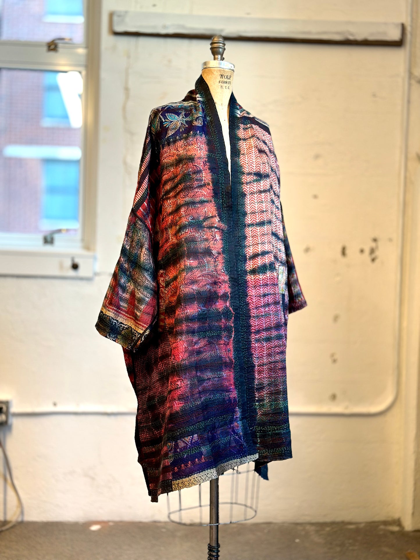 TIE DYE VINTAGE SILK KANTHA NEW KIMONO WRAP LONG - st-sv2360-mrn -