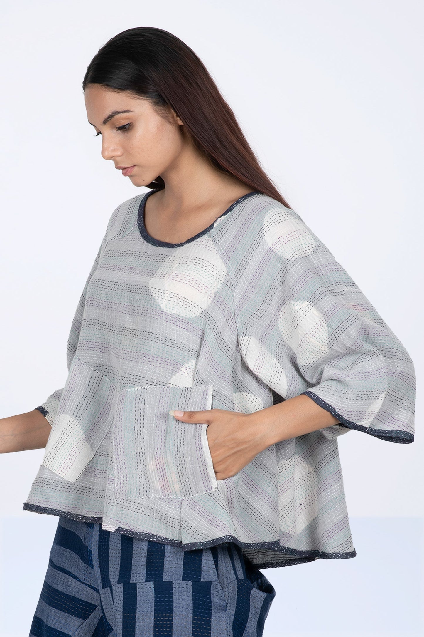 CUT THROUGH DOT AND HOLES KANTHA PUFF SLV. FLARE SHORT TOP - cd2544-blu -