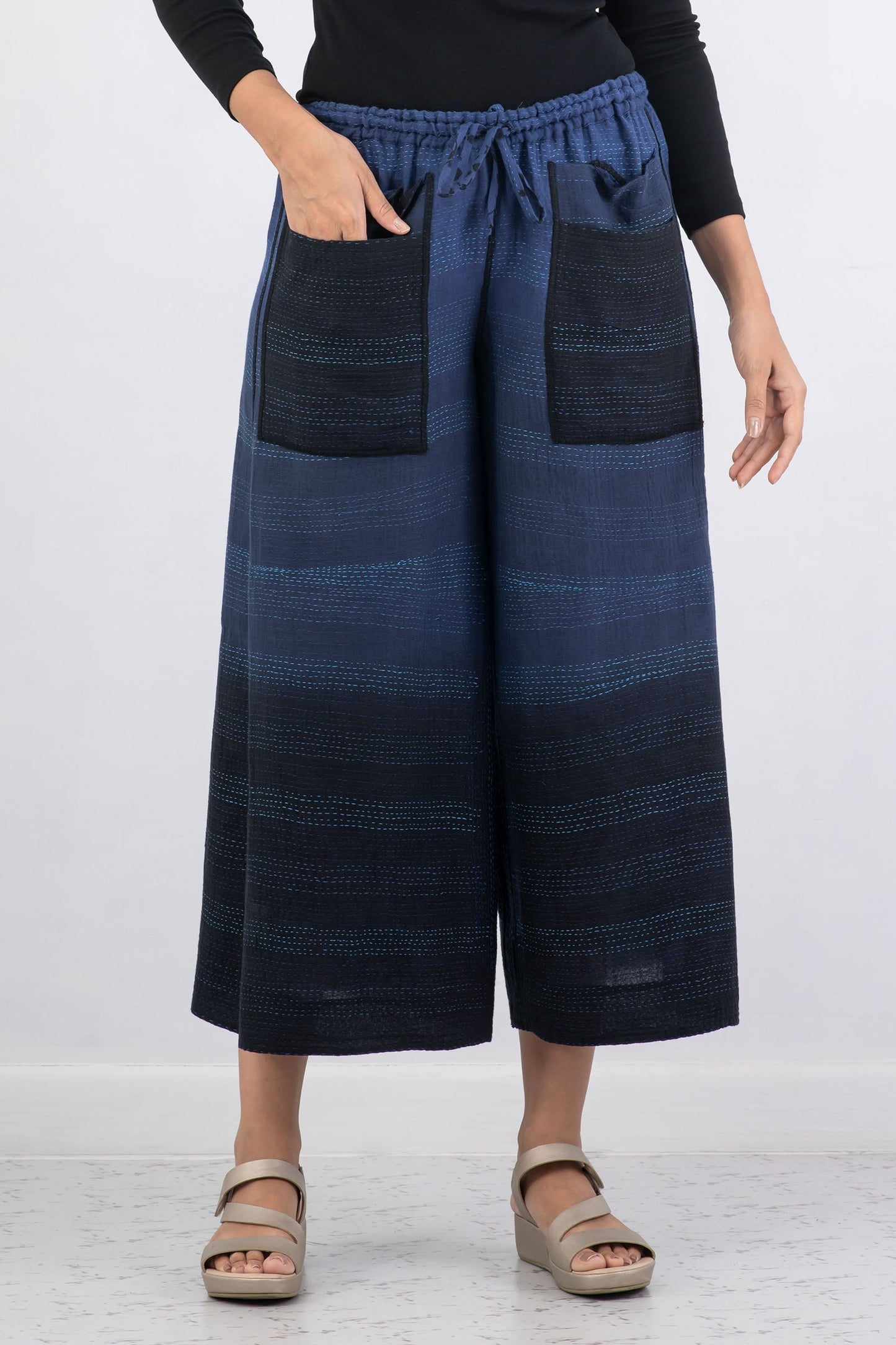 MONOTONE TWILIGHT PRINT KANTHA DRAW STRING GAUCHO - tp2627-nvy -