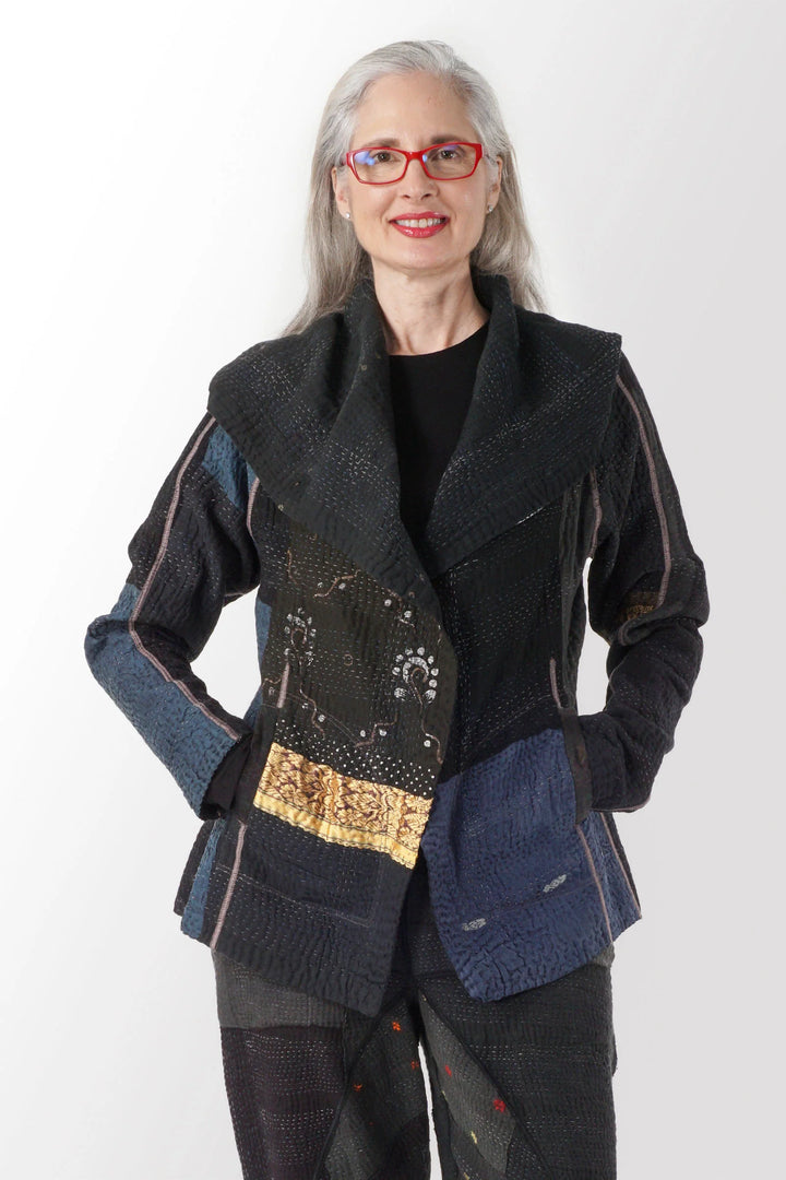 COTTON SILK SW PATCH KANTHA HOODIE JKT - ws4036-blk -