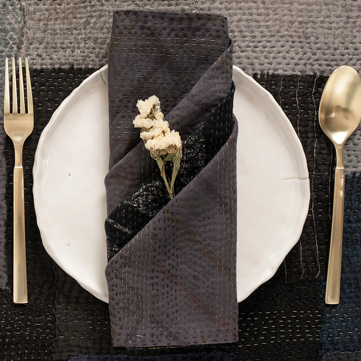 Landscape Fray patch vintage Kantha Napkin - Black (Set of 2)